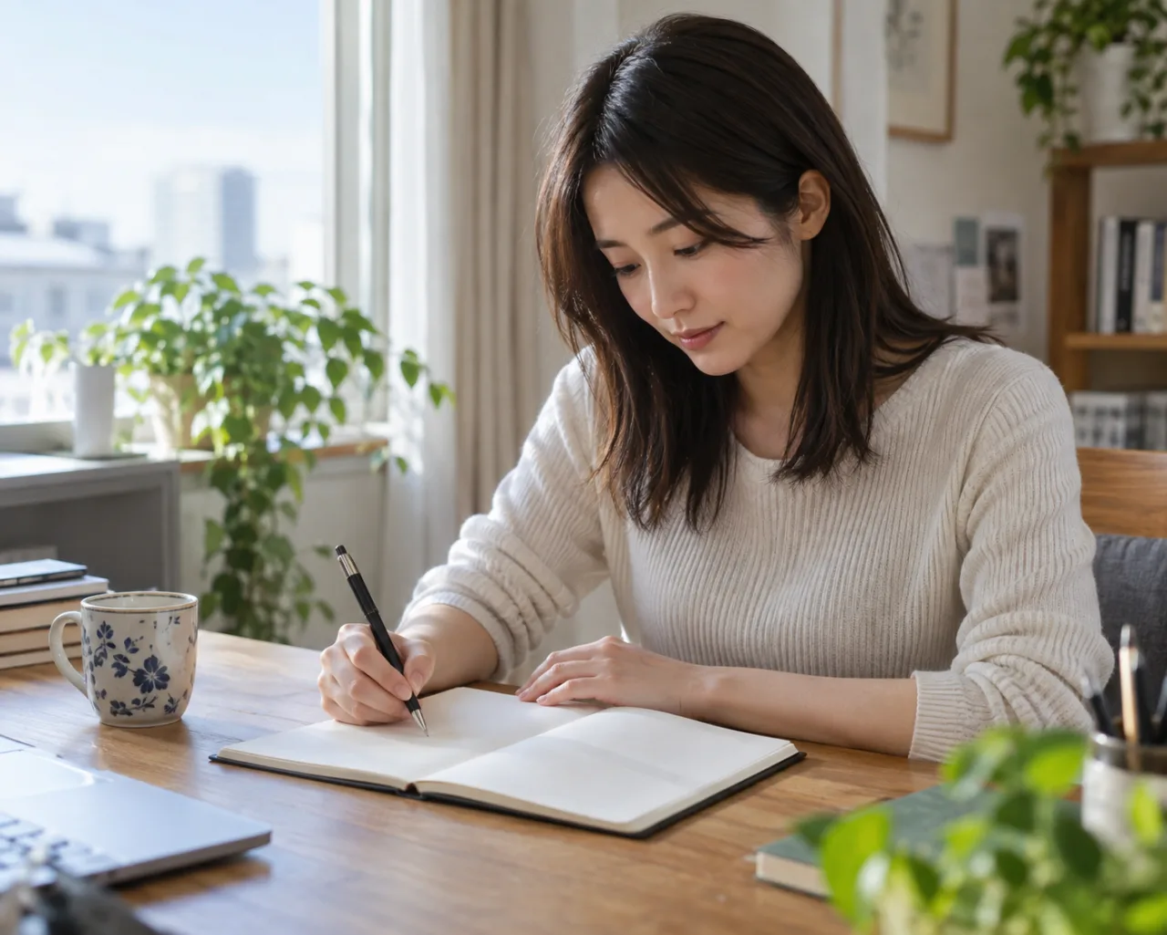 職場で起きた出来事と体の変化をノートに整理する日本人女性