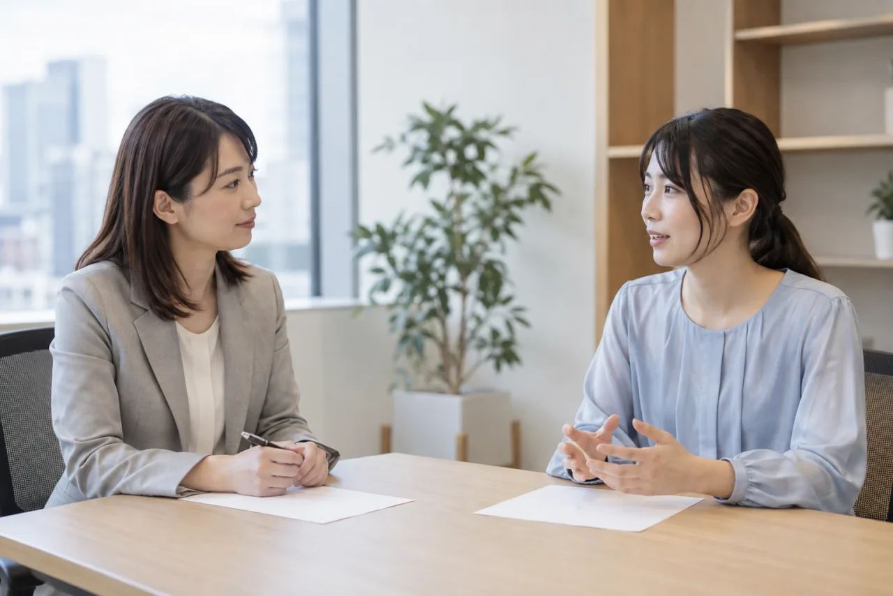 人事担当者に勤務調整について相談する日本人女性