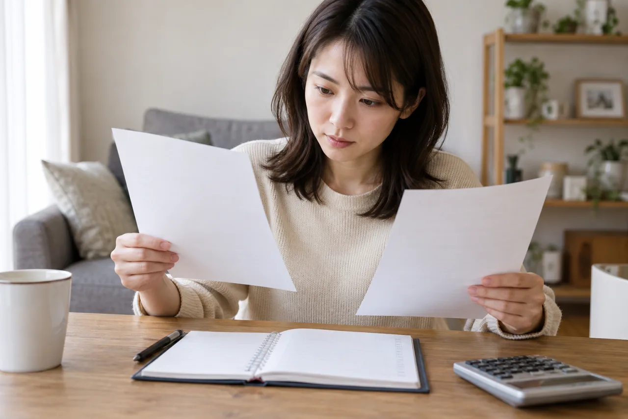 求人票と生活費のメモを並べて比較する日本人女性