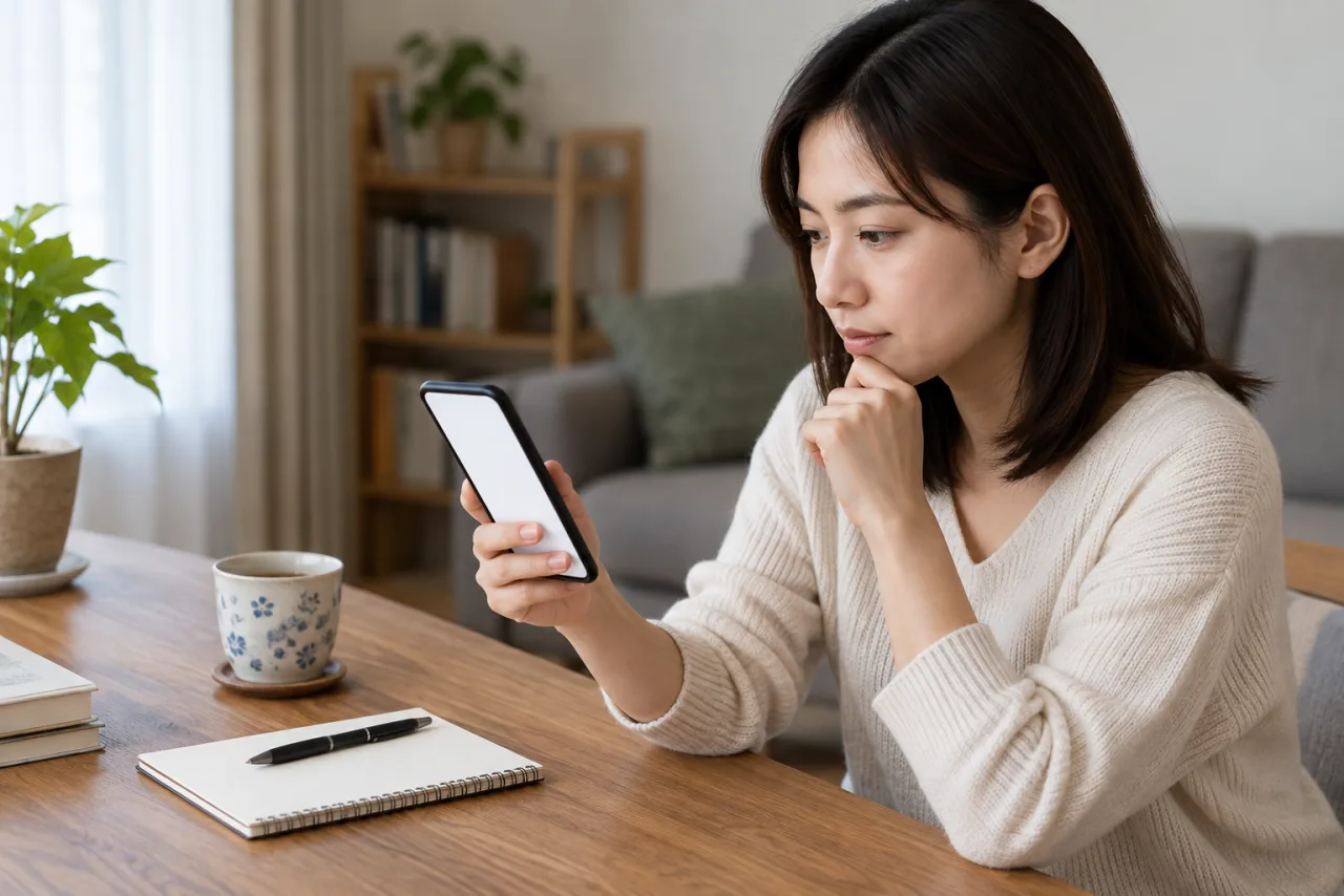 公的な相談窓口を調べる日本人女性