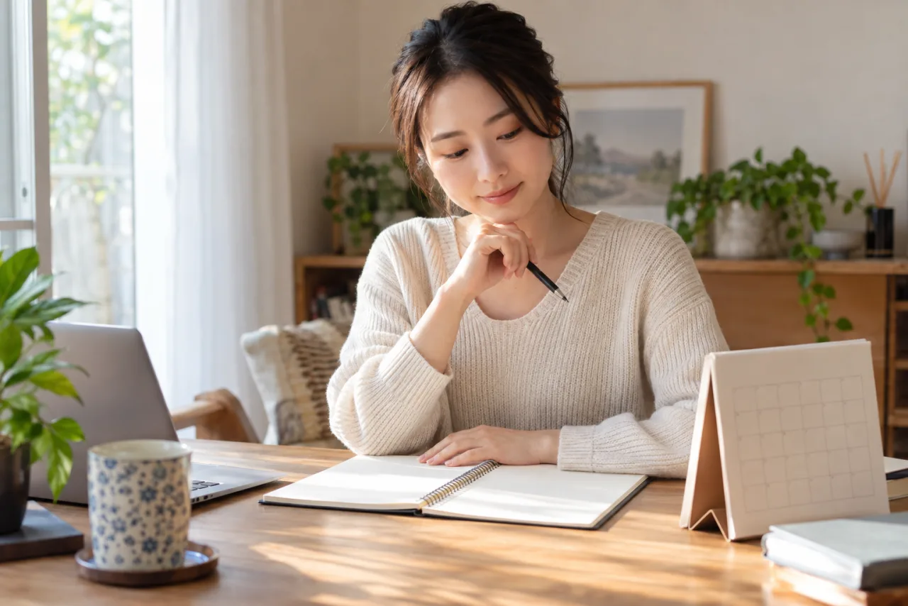 一週間の休養と仕事の予定をノートに組み立てる日本人女性
