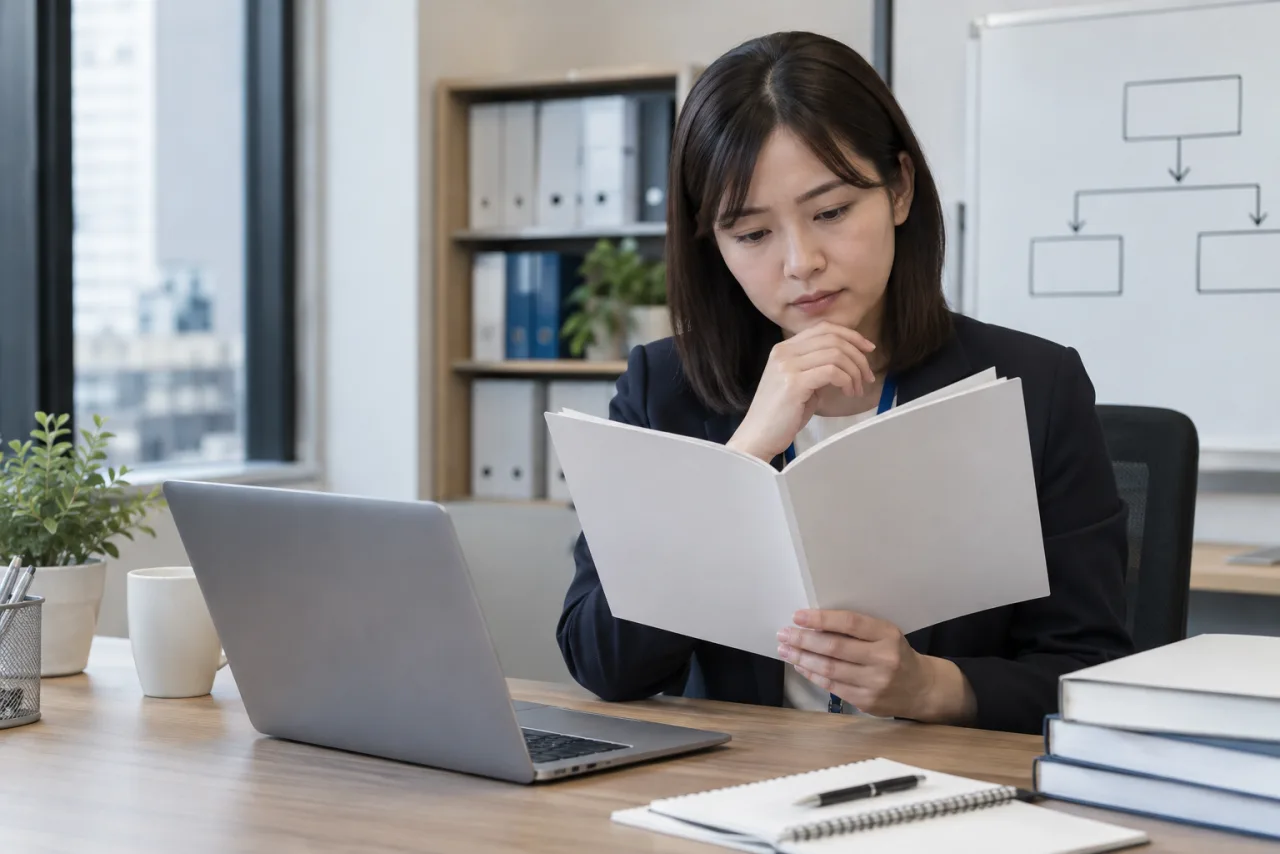 日本人女性が就業規則と休職と欠勤の手続きを確認する